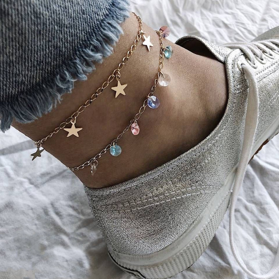 Stars with Colorful Stone Two Rounded Looks Unique Single Anklet or Bracelet